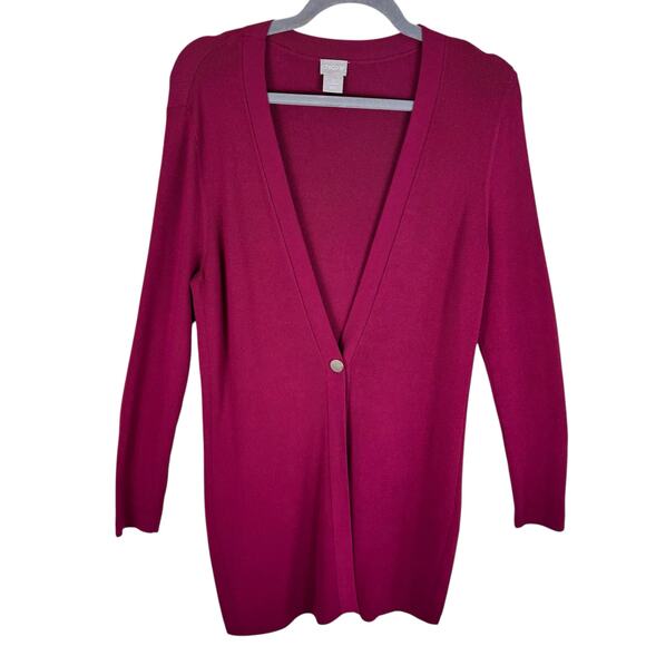 Chico's Dark Pink Long Sleeve V-Neck Button Front Tunic Cardigan Sweater Size S - Picture 1 of 6